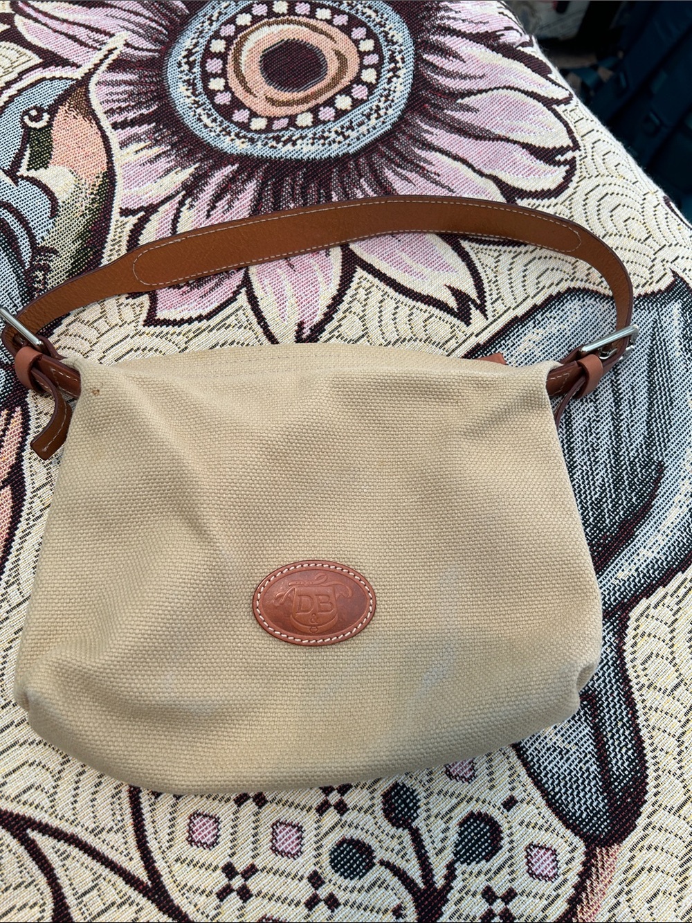 Vintage Dooney & Bourke Beige Canvas Shoulder Bag with Brown Leather Trim